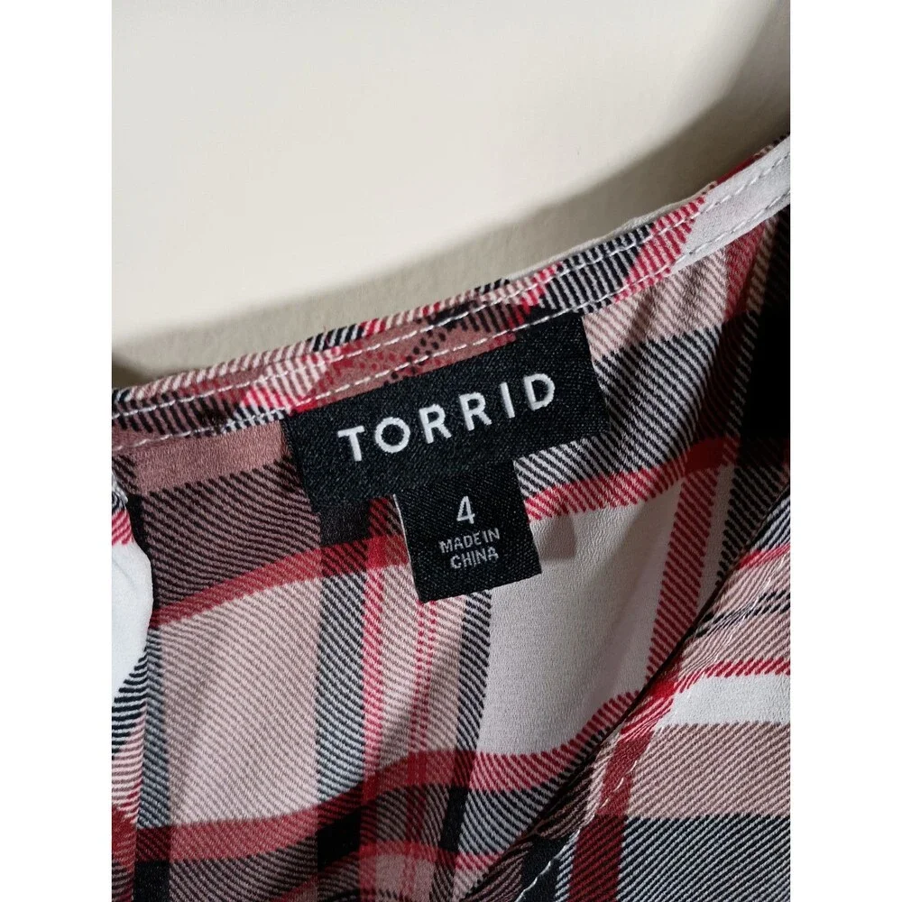 Torrid Plaid Peplum Red Tie Waist Long Sleeve V Neck Top Plus Size 4X